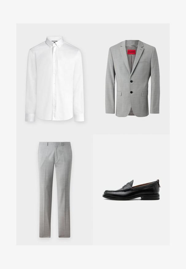 Blazer gris de tejido texturizado, con dos botones negros, un bolsillo en el pecho y una etiqueta interior roja con "HUGO".; Camisa blanca de manga larga con botones, cuello abotonado y puños estándar, mostrada sobre un fondo liso de color gris claro.; Pantalones gris ajustados hechos de una tela suave, con un fino patrón de cuadros, piernas rectas y lazos para cinturón. Sin bolsillos visibles.; Mocasín de hombre de piel negra con costura moc toe, tira penny, cuello texturizado y tacón bajo apilado sobre fondo blanco.