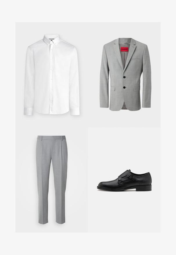 Blazer gris de tejido texturizado, con dos botones negros, un bolsillo en el pecho y una etiqueta interior roja con "HUGO".; Camisa blanca de manga larga con botones, cuello abotonado y puños estándar, mostrada sobre un fondo liso de color gris claro.; Pantalones grises a medida con una textura suave, que cuentan con un frente plano, piernas rectas y pliegues sutiles para un detalle adicional.; Zapato de vestir de cuero negro con doble hebilla, silueta elegante y punta redonda. Cuenta con un tacón bajo y una textura suave.