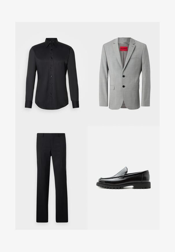 Grå blazer lavet af struktureret stof, med to sorte knapper, en enkelt brystlomme og en rød indvendig label med "HUGO."; Sort skjorte med knaplukning, lavet af glat stof, med klassisk krave, lange ærmer og knaplukning foran.; Sorte skræddersyede bukser med et lige ben design, skarpe folder og en glat overflade. Fremstillet af letvægtsstof med en ren talje.; Sort læderloafer med chunky gummisål, syet overdel og præget mærkenavn på hælen, vist i sideprofil på hvid baggrund.
