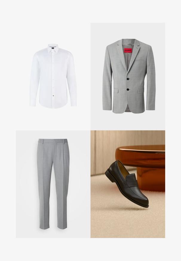 Grijze blazer van textiel met structuur, voorzien van twee zwarte knopen, een enkele borstzak en een rode binnenlabel met "HUGO."; Witte lange mouwen overhemd gemaakt van gladde stof met een knoopsluiting aan de voorkant, puntige kraag en gebogen zoom. Opvallende merkknopaccenten.; Grijze op maat gemaakte broeken met een gladde textuur, voorzien van een platte voorkant, rechte pijpen en subtiele plooien voor extra details.; Zwarte leren loafer met lage hak zwevend boven een beige tapijt dichtbij een ronde bruine tafel.