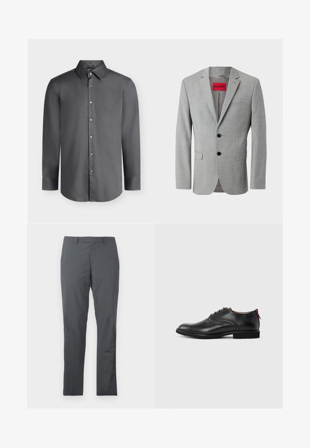Grau blazer aus strukturiertem Material, mit zwei schwarzen Knöpfen, einer einzelnen Brusttasche und einem roten Innenetikett mit "HUGO."; Dunkelgraues Herrenhemd mit langen Ärmeln, spitzem Kragen und Knöpfen vorne, dargestellt auf hellem grauem Hintergrund.; Graue Anzughose aus glattem, strukturiertem Stoff. Slim-Fit-Design, flacher Vorderteil und keine sichtbaren Verzierungen oder Taschen.; Schwarzer Herren-Lederschuh mit Schnürung und rotem Zuglasche an der Ferse vor schlichten Hintergrund.