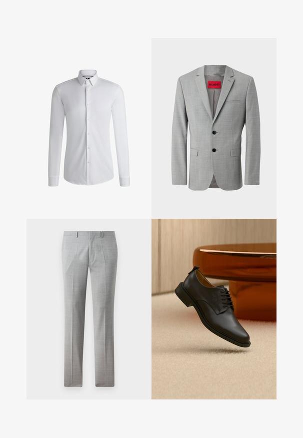 Grå blazer lavet af struktureret stof, med to sorte knapper, en enkelt brystlomme og en rød indvendig label med "HUGO."; Langærmet hvid skjorte lavet af glat stof, med en krave med knapper og en række knapper foran. Enkelt design.; Grå skræddersyede bukser lavet af et glat stof, med et fint ternet mønster, lige ben og bæltestropper. Ingen synlige lommer.; Sort læder snørestøvle til mænd, der svæver over en beige tæppe, med et brunt rundt sofabord i baggrunden.