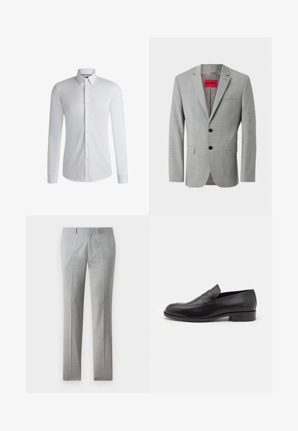 Blazer gris de tejido texturizado, con dos botones negros, un bolsillo en el pecho y una etiqueta interior roja con "HUGO".; Camisa blanca de manga larga hecha de tejido suave, con un cuello abotonado y una fila de botones en la parte delantera. Diseño simple.; Pantalones gris ajustados hechos de una tela suave, con un fino patrón de cuadros, piernas rectas y lazos para cinturón. Sin bolsillos visibles.; Mocasines de cuero negro con punta redondeada y detalles de costura sutiles. Textura suave y tacón bajo con marca en la parte trasera.