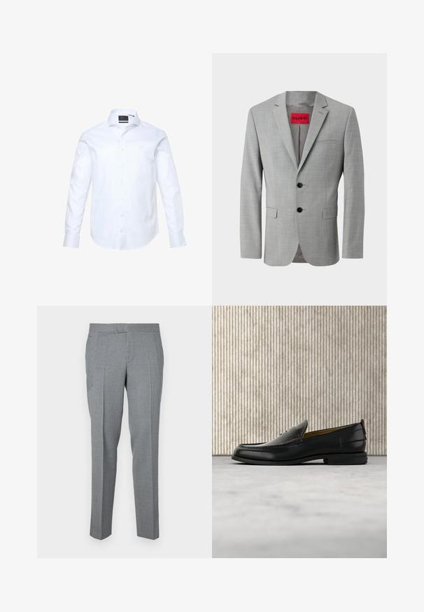 Grå blazer lavet af struktureret stof, med to sorte knapper, en enkelt brystlomme og en rød indvendig label med "HUGO."; Hvid langærmet skjorte lavet af glat stof, med knaplukning foran, spids krave og diskret "JP" broderi på brystet.; Grå skræddersyede bukser lavet af tekstureret stof, med glat front, bæltesløjfer og to sidelommer. Lige ben design.; Sort læder herreloafer med krokodillepræget forstykke og lav hæl, vist i profil på en neutral baggrund.