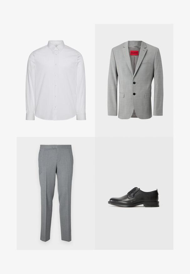 Blazer gris de tejido texturizado, con dos botones negros, un bolsillo en el pecho y una etiqueta interior roja con "HUGO".; Camisa blanca de manga larga con botones, hecha de algodón. Presenta un cuello estándar, tapeta frontal con botones y dobladillo redondeado. Logo de la marca discreto.; Pantalones grises a medida hechos de una tela texturizada, con un diseño de frente plano, trabillas para cinturón y dos bolsillos laterales. Diseño de pierna recta.; Zapato de vestir para hombre de cuero negro con cordones, tacón bajo y acabado suave, mostrado en perfil lateral sobre un fondo claro y liso.