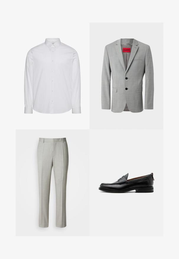 Blazer gris de tejido texturizado, con dos botones negros, un bolsillo en el pecho y una etiqueta interior roja con "HUGO".; Camisa blanca de manga larga con botones, hecha de algodón. Presenta un cuello estándar, tapeta frontal con botones y dobladillo redondeado. Logo de la marca discreto.; Pantalones de sastre gris claro hechos de una tela suave, con corte recto, pliegues delanteros y cintura clásica con trabillas para el cinturón.; Mocasín de hombre de piel negra con costura moc toe, tira penny, cuello texturizado y tacón bajo apilado sobre fondo blanco.