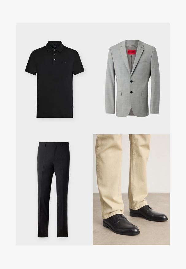 Grijze blazer van textiel met structuur, voorzien van twee zwarte knopen, een enkele borstzak en een rode binnenlabel met "HUGO."; Zwarte slim-fit poloshirt met drie knopen, korte mouwen en een subtiel "BOSS"-logo op de borst en binnen de kraag.; Zwarte broeken met een getailleerde pasvorm, voorzien van een flat front, twee plooien, riemlussen en een gladde textuur. Geen zichtbare patronen of hardware.; Zwarte leren veterschoenen met een ronde neus, een gladde afwerking en subtiele stikdetails, gedragen met lichtbeige broeken.