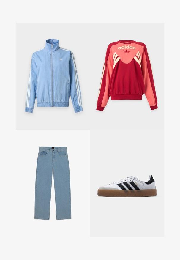 Svetlomodrá šuštiaková bunda na zips s bielym trojpruhovým vzorom na rukávoch a malým vyšivaným logom na ľavej strane hrude.; Červená a ružová mikina Adidas s dlhými rukávmi, krémovými pruhmi, logom a symbolom trojlístka na prednej strane na svetlom pozadí.; Svetlomodré džínsy, voľný strih, denímová tkanina, päť vreciek, gombíkový uzáver, priame nohavice, viditeľné švy, bez vzorov alebo akcentov.; Biele kožené tenisky s čiernymi pruhmi, gumová podrážka, okrúhla špička, šnurovanie a mäkký sivý semišový špička.
