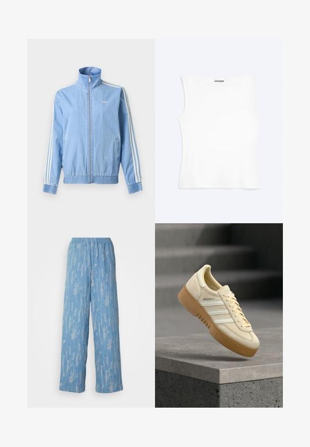 Chaqueta deportiva azul claro con cremallera, detalle de tres rayas blancas en las mangas y pequeño logo bordado en el pecho izquierdo.; Camiseta sin mangas blanca ajustada con escote redondo y diseño minimalista, etiquetada como "WEEKDAY" en el interior del cuello.; Pantalones de pierna ancha en azul claro, hechos de una tela texturizada con un sutil estampado abstracto. Cuentan con una cintura elástica para mayor comodidad.; Zapatilla de ante beige con suela de goma, rayas blancas y la marca "SPEZIAL", flotando sobre una superficie de hormigón gris en escalones.
