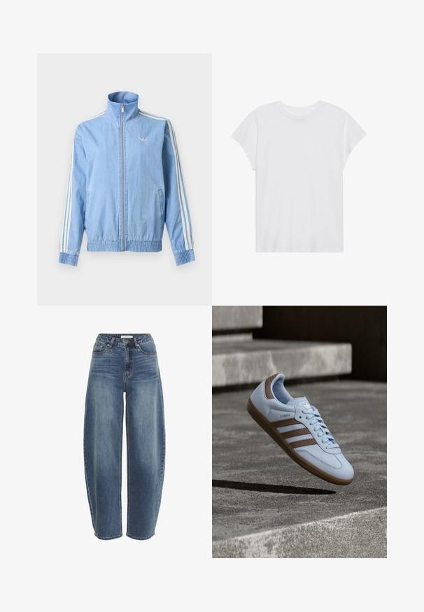 Lichtblauw trainingsjack met rits, met witte drie-strepen details op de mouwen en klein geborduurd logo op de linkerborst.; Witte t-shirt met korte mouwen, ronde hals, relaxte pasvorm, gemaakt van zacht katoen. Glad textuur, geen patronen of logo's.; Hoge taille, losvallende blauwe jeans van denim, voorzien van een knoopsluiting, vijf zakken en subtiele vervaging op de stof.; Lichtblauwe sneaker met bruine suède accenten, voorzien van drie zijstrepen, platte veters en een getextureerde gumzool. Merkembleem op de tong.