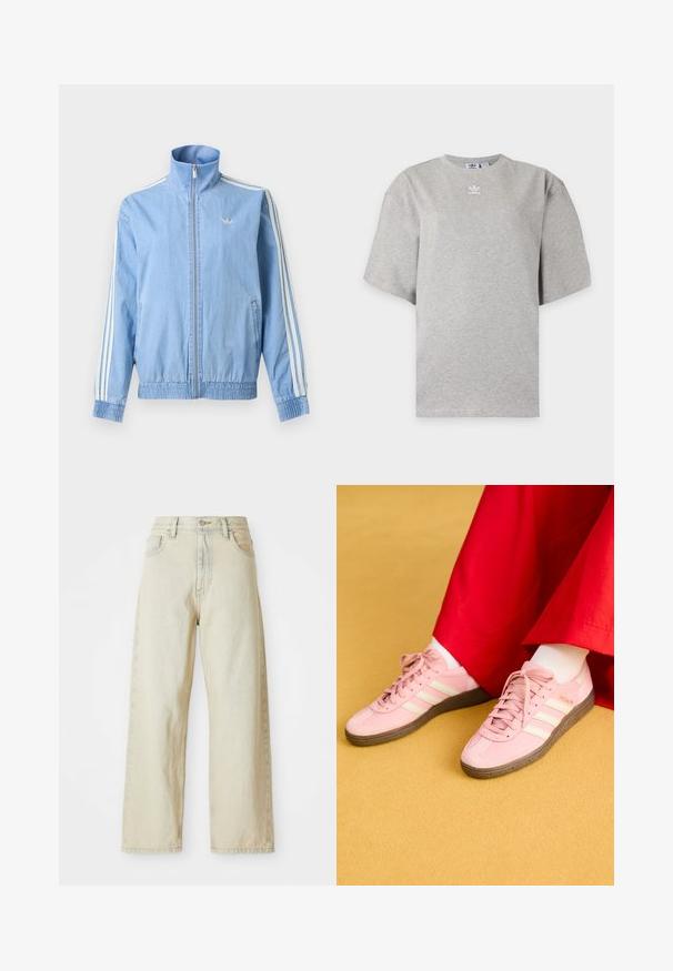 Helehall sinine jooksujakk tõmblukuga, millel on valged kolmetriibulised detailid varrukaotstel ja väike tikitud logo vasakul rinnal.; Helehall Adidas lühikeste varrukatega t-särk, ümara kaelusega ja väikese valge Adidas logoga rinnal, esitatud lihtsal taustal.; Laia teksaarid heledas beežis, ees taskutega, kõrge vöökohaga ning peente õmbluste detailidega. Valmistatud tekstureeritud teksariidest.; Kerged roosad spordijalatsid valgete triipudega, kummist talla ja nööridega disainiga. Ühendatud valgete sokkide ja punase rõivaga. Kollane taust.