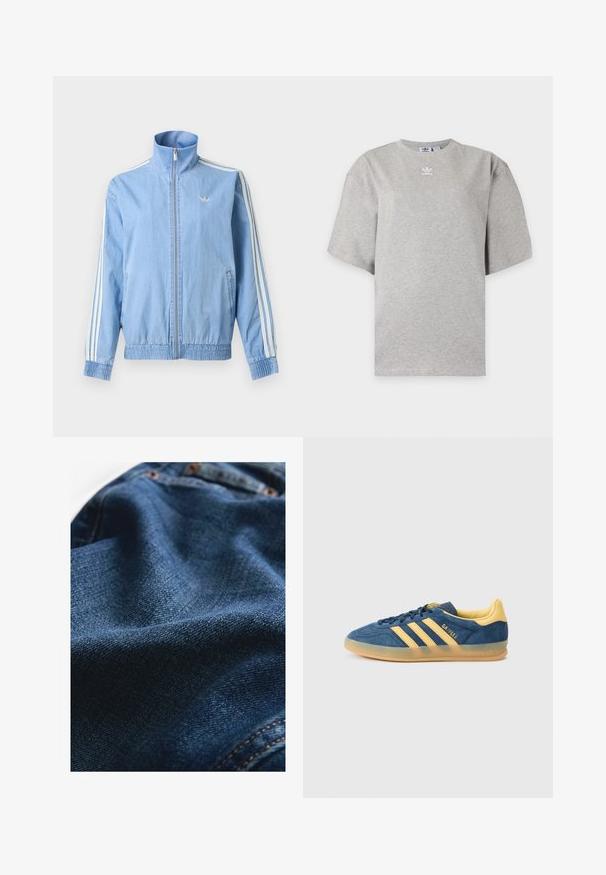 Lichtblauw trainingsjack met rits, met witte drie-strepen details op de mouwen en klein geborduurd logo op de linkerborst.; Lichtgrijs Adidas T-shirt met korte mouwen, ronde hals en klein wit Adidas-logo op de borst, weergegeven op een effen achtergrond.; Denimstof in donkerblauw, met een gladde textuur en subtiele geweven variaties, en contrasterende stikseldetails.; Blauwe suède sneaker met gele accenten, voorzien van drie gele strepen, een gestructureerde tong en een doorschijnende gumzool. Merknaam "Gazelle" is zichtbaar.