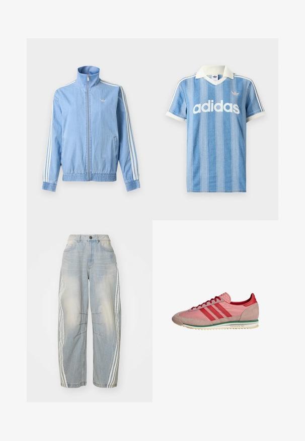 Hellblaue Trainingsjacke mit Reißverschluss mit weißen drei Streifen an den Ärmeln und kleinem gesticktem Logo auf der linken Brust.; Hellblaues Poloshirt mit kurzen Ärmeln und vertikalen Streifen, weißen Akzenten und auffälligem weißen "adidas"-Logo auf der Vorderseite.; Hellblaue Jeans aus Denim mit lockerer Passform, seitlichen weißen Streifen, verwaschenem Design und einem Knopfverschluss an der Taille.; Pink-rote Adidas-Sneaker mit Wildleder an Zehen- und Fersenpartie, roten Schnürsenkeln, grünem Streifen über der weißen Sohle, seitlich betrachtet.
