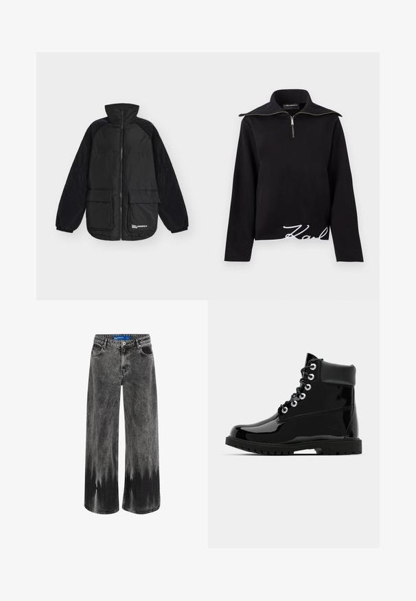Zwarte pufferjas met hoge kraag, ritssluiting aan de voorkant, twee grote voorzakken, elastische boorden en het logo "Karl Lagerfeld Jeans" op de zak.; Zwarte sweatshirt met een hoge kraag, ritssluiting aan de voorkant en lange mouwen. De onderkant is afgewerkt met een witte geborduurde "Karl" handtekening.; Wijde jeans in vervaagd zwarte denim, met een dip-dye effect, stalen hardware en een klassiek vijf-pocket ontwerp met een standaard tailleband.; Zwarte glanzende enkelboots met een gladde lakleren afwerking, ronde neus, zes oogjes voor vetersluits, en een robuuste rubberen zool.