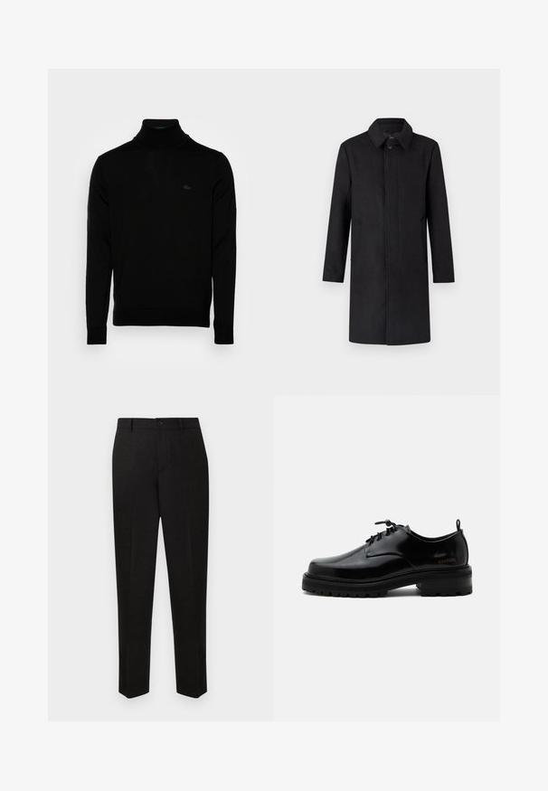 Sort uldfrakke med en reverskrave, lange ærmer og sidelommer. Designe er lige-skåret med knaplukning foran.; Sort turtleneck sweater, ribbet tekstur, lange ærmer, tætsiddende design, diskret Lacoste-logo på brystet, materialet er af mellemvægtigt strik.; Sorte skræddersyede bukser med et straight-leg design, der har lukning med knap og subtil tekstur. Ingen synlige mønstre eller accenter.; Sort poleret læder snørestøvle med tyk gummisål og lav hæl, sideskilt med mærketekst "SAMSOE" og bageste træksnor.
