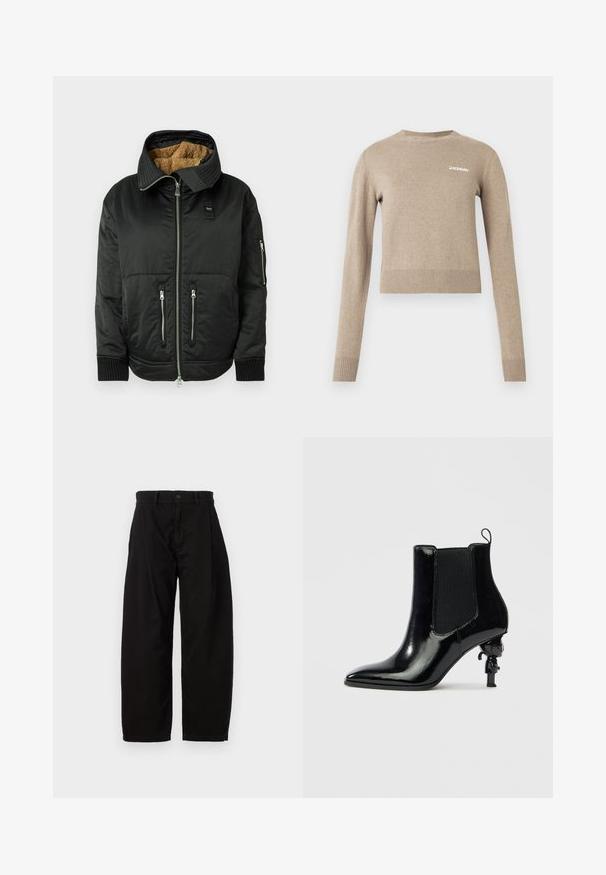 Veste bomber noire avec un col matelassé, doublure en fourrure et plusieurs poches zippées. Présente des poignets côtelés et une fermeture éclair sur le devant.; Pull tricoté beige à manches longues, col rond, poignets et ourlet côtelés, avec un petit logo texte blanc sur le devant.; Pantalons larges noirs en coton avec une fermeture à bouton et à zip, dotés de plis avant et de poches latérales.; Bottine en cuir verni noir avec panneaux latéraux élastiques, bout pointu et un design unique de talon sculptural avec une petite figurine.