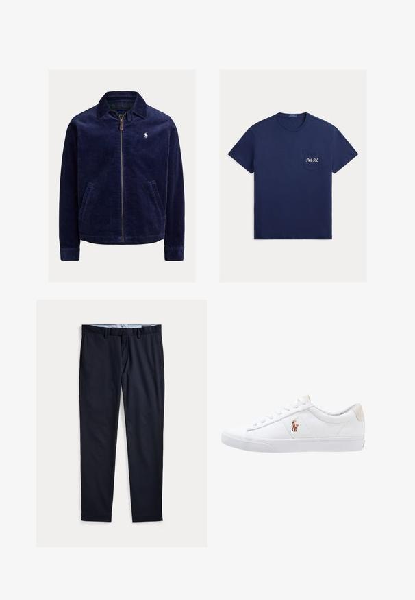 Mørkeblå kordjakke med fuld lynlås foran, sidelommer, krave og lille hvid broderet polo spiller logo på brystet.; Mørkeblå bomulds-T-shirt med rund hals, korte ærmer og venstre brystlomme med broderet "Polo RL"-tekst.; Marineblå herre habitbukser med bæltestropper, lynlås og sidelommer, lagt fladt på en hvid baggrund.; Hvide kanvas sneakers med lågtop design, prydet med en beige hælkappe og et lille broderet logo på siden. Gummisål.