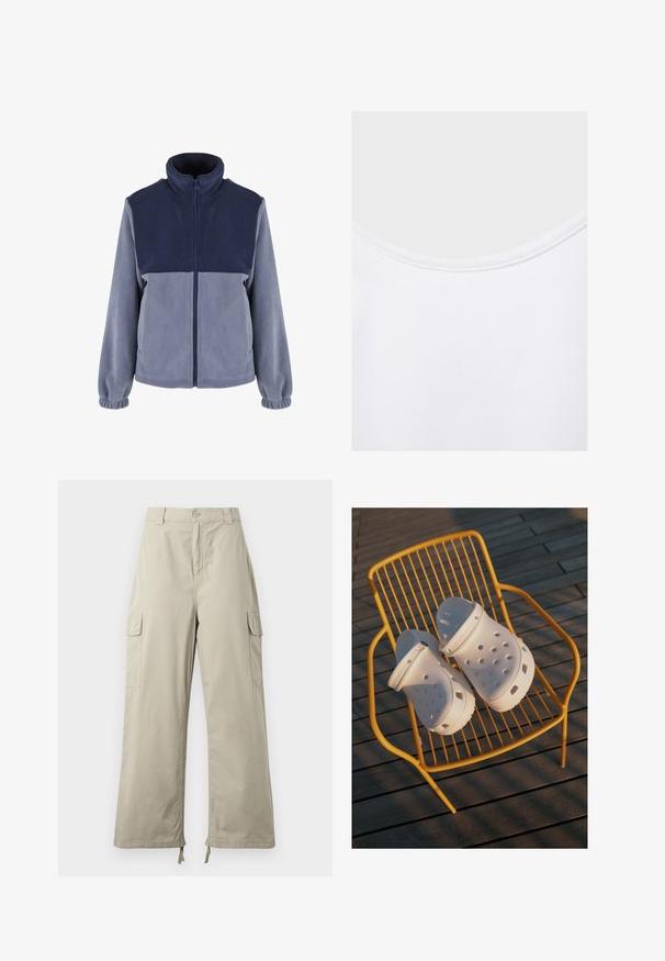 Fleece-takki kahdessa sinisen sävyssä, jossa on vetoketjukiinnitys, korkea kaulus ja joustavat hihansuut, sekä sileä pinta ja väriblokkikuvio.; Lähikuva valkoisesta kankaasta, jossa on pyöristetty pääntie ja näkyvät ompeleet kauluksen reunalla.; Vaaleanbeige cargo-housut rentoilla mitoilla, joissa on napillinen suljenta, sivutaskut ja säädettävä lahje sidontanauhalla. Sujuva kangas.; Valkoiset Crocs-sandaalit, joissa on reikämuotoilu, litteät pohjat ja säädettävät kantahihnat, lepäävät keltaisella langatuolilla puulattian päällä.
