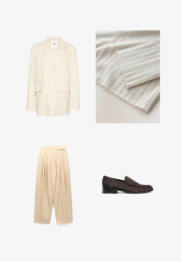 Blazer en lin couleur crème avec un design structuré, deux poches avant, fermeture à un bouton et doublure intérieure en satin.; Pull en maille côtelée de couleur beige clair. Présente une texture douce avec des lignes verticales et un poignet replié. Le matériau semble confortable et chaud.; Pantalon beige taille haute à jambes larges avec plis sur le devant et poches latérales, fabriqué en tissu léger.; Mocassins en suede marron avec un petit talon noir et des détails froncés à l'avant. Texture lisse, bout arrondi et design minimaliste.