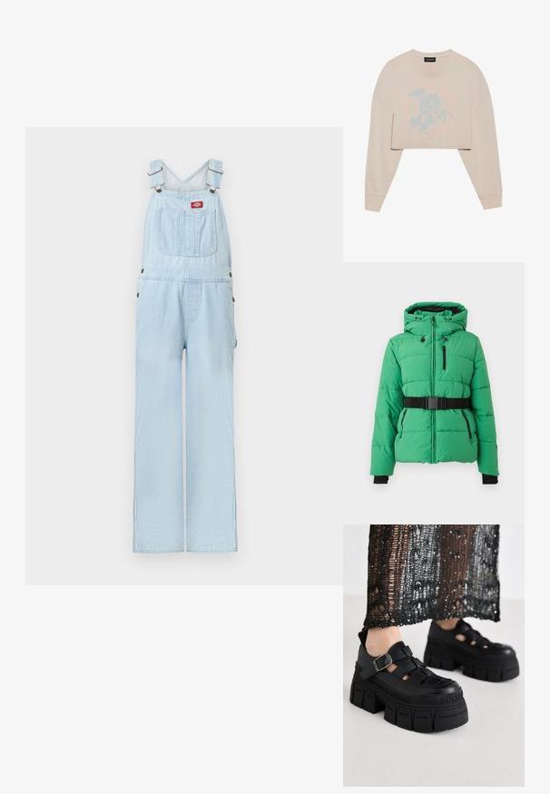 Grøn pufferjakke med hætte, lynlåslukning foran, sorte detaljer, indsnøret sort bælte og sidelommer med quiltet design.; Lyseblå denimsoveralls med justerbare stropper, forlomme med rød logo-patch og brede, lige ben.; Beige cropped sweatshirt med lange ærmer, der har et lyseblåt grafisk motiv af en hesterider og cirkulær tekst omkring. Blød tekstur, afslappet pasform.; Sorte platform sandaler med et chunky design, der har brede stropper og en sidelås. Fremstillet af tekstureret gummi med et logodetalje.