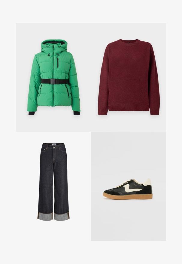 Chaqueta de plumas verde con capucha, cierre frontal con cremallera, herrajes negros, cinturón negro ajustado y bolsillos laterales con diseño acolchado.; Suéter burdeos con escote redondo, mangas largas, ribete acanalado en el bajo y puños, hecho de un tejido suave y texturizado, ideal para usar en capas.; Vaqueros azul oscuro de pierna ancha con dobladillos remangados, cinco bolsillos y costuras en contraste de color amarillo.; Zapatillas de deporte de ante y cuero negro con un swoosh lateral en crema y un talón en crema claro. Presenta cordones beige y una suela de goma marrón.
