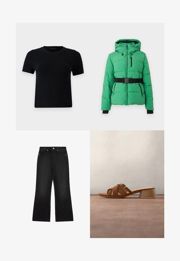 Chaqueta de plumas verde con capucha, cierre frontal con cremallera, herrajes negros, cinturón negro ajustado y bolsillos laterales con diseño acolchado.; Camiseta negra de manga corta con cuello redondo, hecha de tela suave. Presenta un corte clásico y un diseño limpio y sencillo.; Vaqueros negros de pierna ancha con botón frontal, cierre de cremallera y cinco bolsillos, extendidos sobre un fondo blanco.; Mule de cuero marrón con punta abierta, tacón ancho y tiras cruzadas, sobre un suelo gris y un fondo oscuro desenfocado.