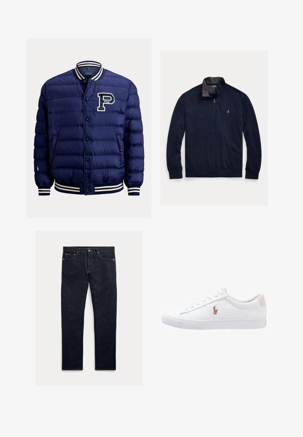 Chaqueta acolchada azul marino con botones de presión, cuello y puños a rayas blancas y azul marino, bolsillos delanteros y un gran logo con la letra P en el pecho.; Sudadera azul marino con cuello de cremallera de un cuarto, textura suave y puños acanalados. Presenta un pequeño logotipo en el pecho y un cuello interior en contraste.; Jeans de mezclilla oscura con corte recto, cinco bolsillos, costuras naranjas y cierre de botones. La tela tiene una textura suave.; Zapatilla de lona blanca con diseño de corte bajo, que cuenta con un taco trasero beige y un pequeño logo bordado en el costado. Suela de goma.