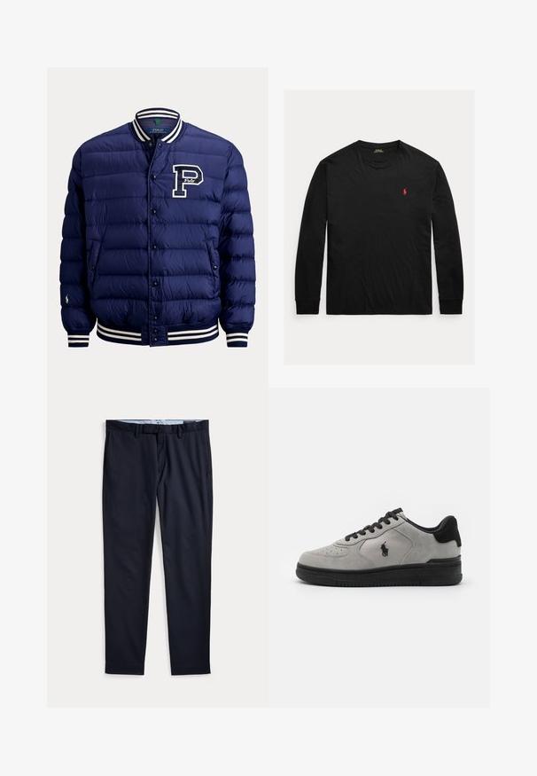 Chaqueta acolchada azul marino con botones de presión, cuello y puños a rayas blancas y azul marino, bolsillos delanteros y un gran logo con la letra P en el pecho.; Camiseta negra de manga larga con cuello redondo y logo Polo Ralph Lauren rojo bordado en el pecho izquierdo.; Pantalones de vestir azul marino para hombre con trabillas para cinturón, bragueta con cremallera y bolsillos laterales, extendidos planos sobre un fondo blanco.; Zapatillas de ante gris con detalles en negro, que cuentan con un panel lateral de tejido texturizado, puntera redonda y suela de goma negra. Logotipo bordado en el lateral.