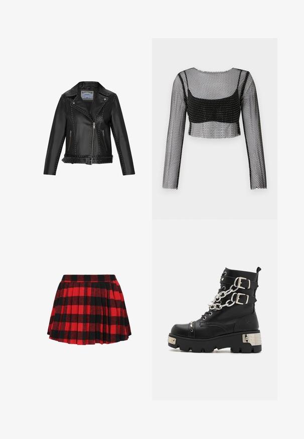 Veste de moto en cuir noir avec des clous argentés, fermeture éclair asymétrique, poches latérales et taille ceinturée pour un ajustement réglable.; Crop top en maille noire à manches longues, doté d'un design en filet et d'une couche inférieure noire unie. Les bords sont bruts et légèrement effilochés.; Jupe plissée à carreaux rouge et noir avec une taille ajustée, fabriquée en tissu texturé, affichant un motif à carreaux classique.; Koi Footwear SHACKLED SHADOWS HEAVY DUTY CHAIN - Bottines de cowboy / motard - black