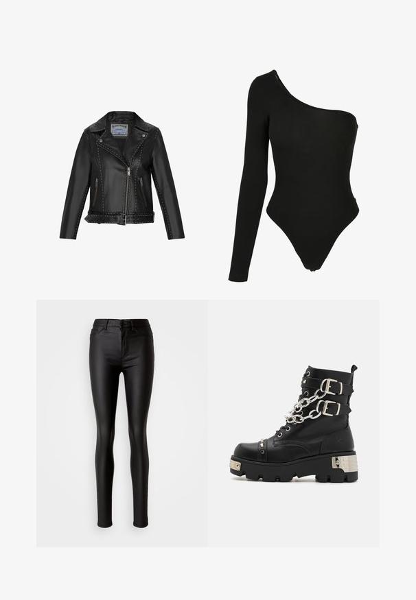 Chaqueta de moto de cuero negra con tachuelas plateadas, cremallera asimétrica, bolsillos laterales y cintura con cinturón para un ajuste ajustable.; Bodysuit negro de un solo hombro hecho de tela elástica, con una manga larga en un lado, aberturas de pierna de corte alto y un diseño ajustado.; Jeans skinny de imitación cuero negro con una textura suave, cintura alta, cierre de botón y diseño tradicional de cinco bolsillos.; Koi Footwear SHACKLED SHADOWS HEAVY DUTY CHAIN - Botines camperos - black