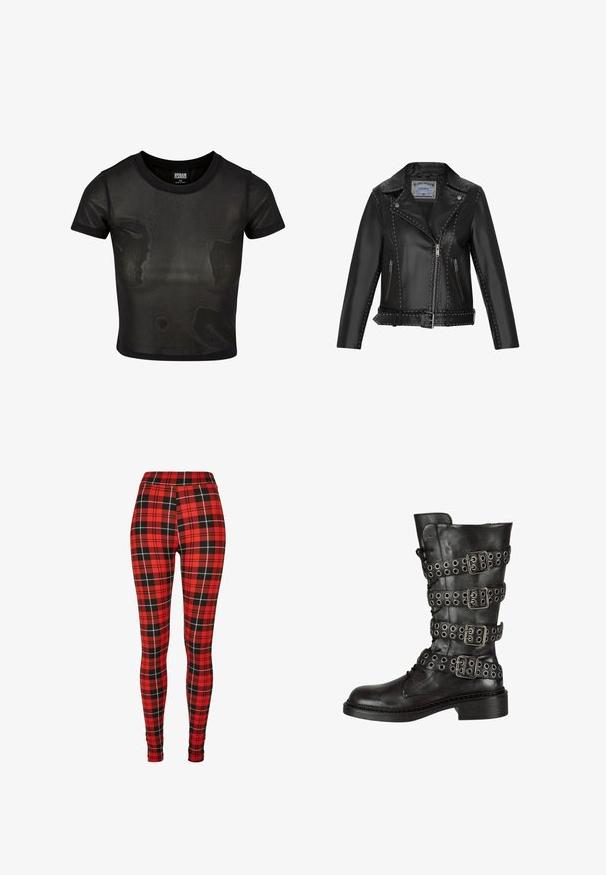 Chaqueta de moto de cuero negra con tachuelas plateadas, cremallera asimétrica, bolsillos laterales y cintura con cinturón para un ajuste ajustable.; Camiseta corta negra hecha de tela translúcida, con mangas cortas y escote redondo. Superficie texturizada y dobladillo sólido en contraste.; Leggings de cuadros rojos con un patrón a cuadros en blanco y negro. Fabricados con un material elástico y un diseño de cintura alta.; Bota de cuero negro hasta la rodilla con múltiples hebillas y ojetes plateados, con punta redonda y un tacón bajo en bloque. Acabado texturizado.