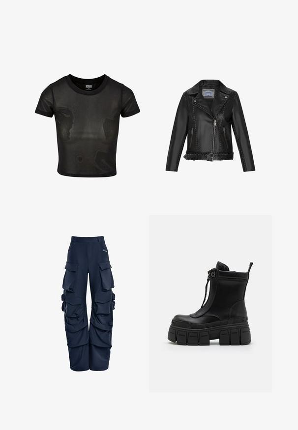 Chaqueta de moto de cuero negra con tachuelas plateadas, cremallera asimétrica, bolsillos laterales y cintura con cinturón para un ajuste ajustable.; Camiseta corta negra hecha de tela translúcida, con mangas cortas y escote redondo. Superficie texturizada y dobladillo sólido en contraste.; Pantalones cargo de color navy con múltiples bolsillos laterales grandes, un corte holgado y detalles de tejido recogido en los laterales. Fabricados con un material ligero.; Buffalo GOSPHER ZIP BOOT - Botines con plataforma - black