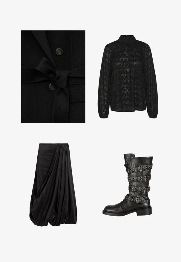 Zwarte wollen jas met een gestrikte riem, een bovenste knoop met een gladde, donkere afwerking en ingesneden revers. De stof heeft een zachte textuur.; Zwarte kanten blouse met een hoge kraag, lange mouwen en een getextureerd zigzagpatroon. De stof heeft een doorschijnende kwaliteit en is soepel.; Zwarte gedrapeerde rok van een gladde stof, met ingewikkelde vouwen en een vloeiende silhouet met een geraffineerde taille-detail.; Zwarte leren kniehoge laars met meerdere zilveren gespen en ogen, met een ronde neus en een lage blokhak. Gelaagde afwerking.