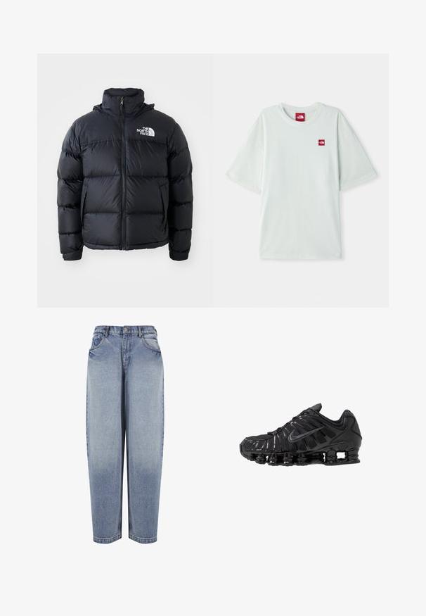 Zwarte pufferjack met ritssluiting, gewatteerde secties, hoge kraag en het North Face-logo op de bovenste linkerzijde. Gladde textuur, geen zichtbare patronen.; Lichtgroene T-shirt met korte mouwen van zachte katoen, voorzien van een klein rood logo label op de linker borst. Ontspannen pasvorm en ronde halslijn.; Blauwe high-waisted, loszittende denim jeans met voorzakken, riemlussen, knoopsluiting en vervaagde details langs de benen.; Zwarte sportschoenen gemaakt van mesh en synthetische materialen, met een opvallend golvend ontwerp, zwarte rubberen zool en reflecterende accenten.
