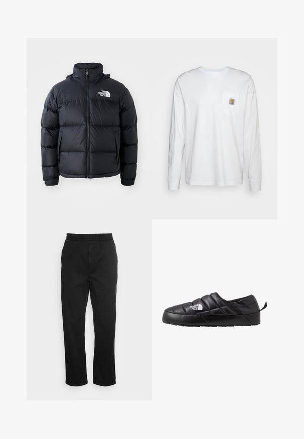 Schwarze Pufferjacke mit Reißverschluss, gepolsterten Abschnitten, hohem Kragen und dem The North Face-Logo in der oberen linken Ecke. Glatte Textur, keine sichtbaren Muster.; Langärmliges, weißes Hemd aus Baumwolle mit einer Brusttasche und einem quadratischen Logopatch. Einfaches Design mit rundem Ausschnitt und gefütterten Ärmeln.; Schwarze Baumwollhose mit elastischem Bund, geraden Beinen und seitlichen Taschen. Glatte Textur ohne Muster oder Akzente.; Schwarzer Slipper mit gestepptem Design, aus gepolstertem Material gefertigt. Verfügt über eine strukturierten Gummisohle und eine kleine Lasche hinten.