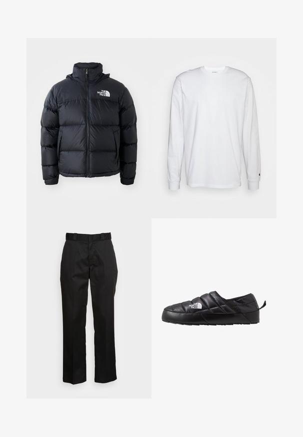 Doudoune noire avec fermeture éclair, sections rembourrées, col montant et logo The North Face en haut à gauche. Texture lisse, sans motifs visibles.; T-shirt blanc à manches longues en coton. Design à col rond avec des poignets côtelés et un petit logo sur la manche gauche. Texture lisse.; Pantalons noirs en tissu lisse, avec une coupe droite, des passants de ceinture et deux poches latérales. Look classique sans embellissements.; Chaussure noire à enfiler avec un design matelassé, fabriquée en matériau rembourré. Elle présente une semelle en caoutchouc texturée et une petite languette à l'arrière.