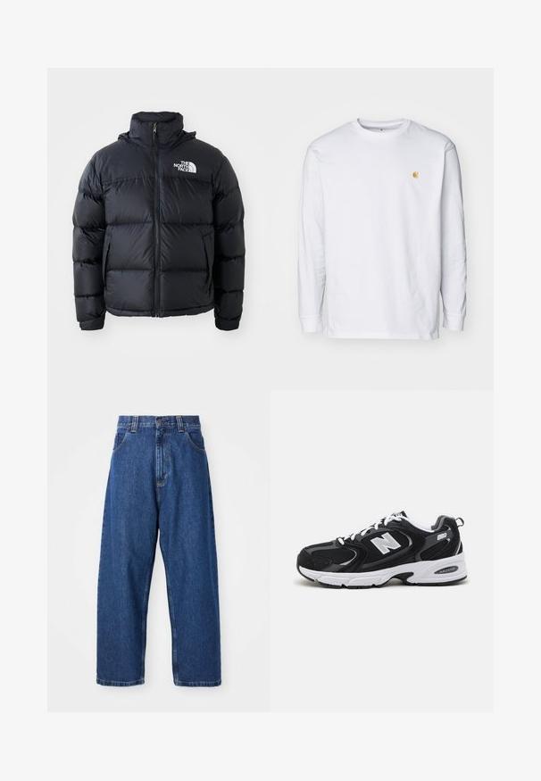 Sort dunjakke med lynlås, polstrede sektioner, høj krave og The North Face-logo på øverste venstre side. Glat tekstur, ingen synlige mønstre.; Hvid langærmet t-shirt lavet af bomuld. Har et lille gyldent logo på brystet og en rund halsudskæring. Enkel design og standard pasform.; Denimwide-leg jeans i mørkeblå. Har høj talje, bæltestropper og klassisk fem-lommers design. Syet kant med en ren finish.; Sorte og grå sportssko med mesh og ruskind på overdelen, der har en hvid mellemsål, snørebånd og et iøjnefaldende "N" logo på siden.