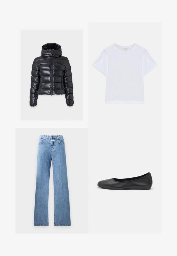 Sort skinnende dynejakke med vandret kviltning, frontlynlås, høj polstret krave og lange ærmer på en ensfarvet baggrund.; Hvid cropped t-shirt lavet af blødt bomuld, med rund hals og korte ærmer og en let løs pasform. Ingen mønstre eller accenter.; Lyseblå denim jeans med vid ben-design, fem lommer, bæltestropper og knaplukning. Stofmaterialet har en glat tekstur.; Sort læderballetsko med rund tå, glat tekstur, minimal syning og et fleksibelt såldesign.