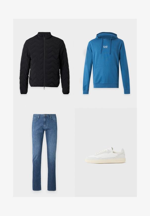 Black quilted jacket with full front zipper, stand collar, long sleeves, and elastic cuffs on a plain white background.; Blue hooded sweatshirt with front pocket and EA7 Emporio Armani logo centered on the chest, featuring drawstrings on the hood.; Blue denim jeans, straight-leg design, five-pocket style, light fading on front, metal button closure, stitched accents, and classic finish.; White sneaker with a textured suede and leather upper. Features a rounded toe, lace-up closure, and contrasting beige rubber sole.