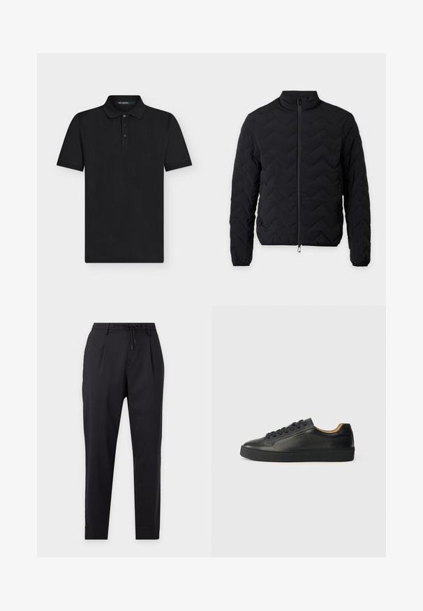 Veste noire matelassée avec fermeture éclair intégrale, col montant, manches longues et poignets élastiques sur fond blanc uni.; Polo noir à manches courtes avec trois boutons et un subtil motif ton sur ton "KL", col et étiquette Karl Lagerfeld à l'intérieur du col.; Pantalon noir fuselé avec plis, passants de ceinture et cordon de serrage à l'avant sur fond clair uni.; Baskets basses en cuir noir avec surface texturée, lacets noirs et semelle en caoutchouc épaisse, présentées de côté sur un fond clair.