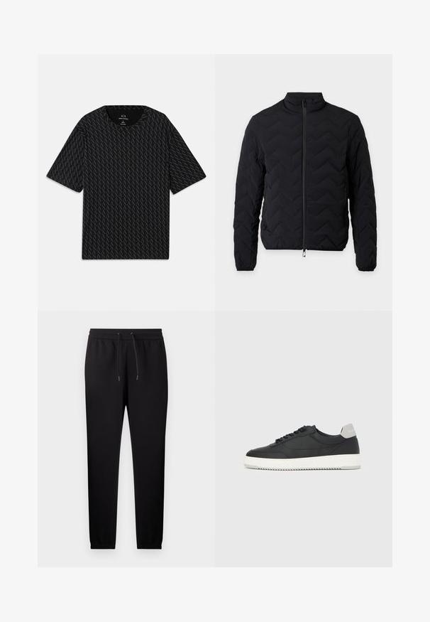 Veste noire matelassée avec fermeture éclair intégrale, col montant, manches longues et poignets élastiques sur fond blanc uni.; T-shirt noir avec un motif texturé de logos 'A' alternés, manches courtes et col rond. Fabriqué en tissu léger.; Pantalon de survêtement noir fuselé avec taille élastique et cordon de serrage, doté de chevilles resserrées et de poches latérales.; Baskets basses noires avec semelle blanche et languette grise au talon, vue de profil sur un fond blanc uni.