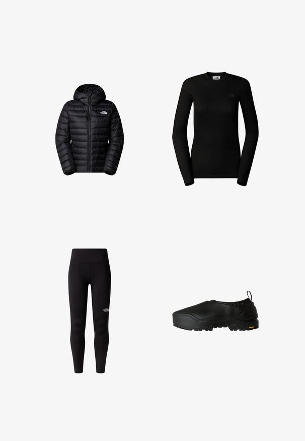 Sort isoleret jakke med hætte, der har lynlås lukning, quiltet design og logo detaljer. Slankt materiale med ribbede mansjetter.; The North Face W EASY L/S CREW NECK - Langærmet T-shirt - tnf black; Sorte leggings med høj talje, lavet af et glat, strækbart stof. Et lille hvidt logo er placeret på det nederste ben.; The North Face BASE CAMP WP MULE - Loafers - tnf black tnf black