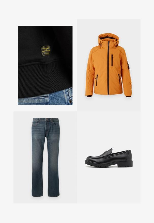TOM TAILOR PADDED JACKET - Zimná bunda - peanut butter brown; Čierna mikina s rebrovaným lemom, na ktorej je našitá žlto-čierna etiketa s nápisom "PME LEGEND." Materiál z textúrovaného bavlneného plátna.; Tmavomodré džínsy s rovnými nohavicami. Medzi vlastnosti patrí päť vreciek, kontrastné švy a zapínanie na gombík a zips vpredu.; Čierne kožené mokasíny s okrúhlou špičkou, s designom na obúvanie a hrubou gumovou podrážkou s textúrovanou protišmykovou úpravou. Vyvýšený opatok a jemné prešívanie.