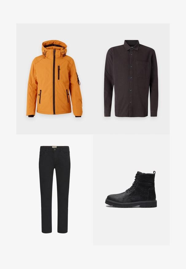 TOM TAILOR PADDED JACKET - Winterjacke - peanut butter brown; Dunkelbraunes Langarmhemd aus Baumwolle, mit einem abknöpfbaren Kragen, einer Brusttasche und schwarzen Knöpfen zum Schließen.; Schwarze Jeans aus Denim mit geradem Schnitt, Fünf-Taschen-Design und vorderem Knopfverschluss. Glatte Textur mit dezenten Stichdetails.; Schwarze Ankle Boots mit einer strukturierten Oberfläche, ausgestattet mit Schnürung vorne, robustem Gummisohle und einer Zuglasche hinten für einfaches An- und Ausziehen.