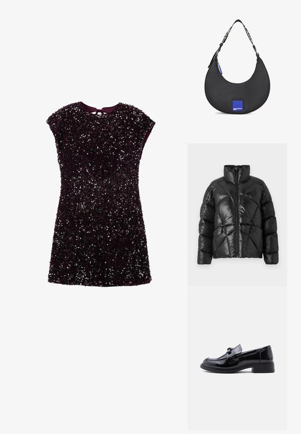 Chaqueta de plumón negra con un alto cuello, cierre de cremallera y patrón de acolchado geométrico. Presenta cordones elásticos en el dobladillo y un acento con el logo.; Vestido corto morado cubierto de lentejuelas, con mangas cortas y un detalle de abertura en la espalda. Tela suave con un efecto de brillo texturizado.; Mocasín de charol negro con tacón cuadrado y detalle de correa decorativa, mostrado de perfil sobre un fondo blanco.; Bolso de hombro de cuero negro con una silueta curva, que presenta un acento de logo cuadrado azul y una correa de contraste con texto.