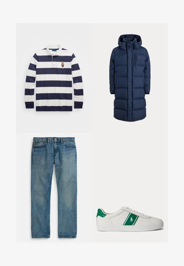 Laivastonsininen pitkä untuvatakki hupulla, edessä vetoketju, nepparit, sivutaskut ja pieni punainen logo rinnassa.; Polo Ralph Lauren CLASSIC FIT POLO BEAR RUGBY SHIRT - Pitkähihainen paita - blu; Vaaleansiniset farkut suorilla lahkeilla, joissa on viisi taskua, nappikiinnitys ja hillitty haalistuma tekstuurin lisäämiseksi.; Valkoinen matalakärkinen tennari, jossa vihreä raita ja Polo-logo sivussa, vihreä kantaläppä ja valkoiset nauhat, esitetty vasemmalta puolelta yksivärisellä taustalla.