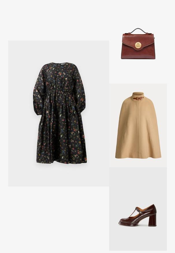 Capa de lana beige con cuello alto y correa de hebilla de cuero marrón, con dos bolsillos verticales con abertura en la parte delantera.; Vestido negro con estampado floral, mangas largas, cintura fruncida y falda de volantes. Presenta un patrón floral colorido y una textura de tela suave.; Chie Mihara KAYLA - Tacones - sucre choco/kimera leche; Bolso de cuero marrón con asa superior y cierre giratorio redondo de oro en la solapa frontal, sobre un fondo blanco.