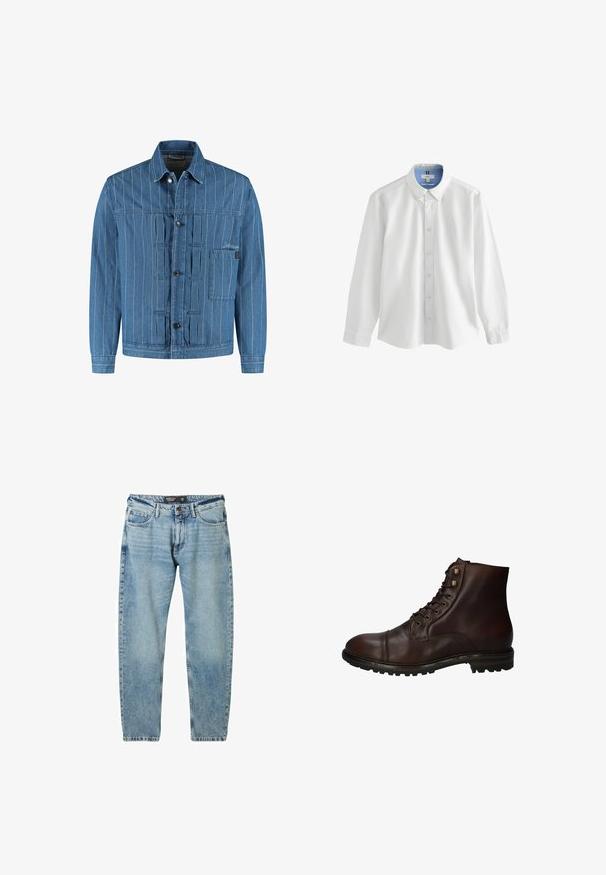 Blauwe spijkerjack met verticale witte strepen, knoopsluiting, kraag, lange mouwen en een borstzak aan de linkerkant met borduurwerk detail.; Witte lange mouwen overhemd met knopen en een blauwe kraagvoering, voorzien van een klassieke pasvorm en subtiele borduursels op de borst.; Lichtblauwe denim jeans met een losse pasvorm, vijfzakkenontwerp en contrasterende stiksels. Bevat een knoopsluiting en een rechte pijp.; Donkergrote leren veterschoenen tot de enkels met een robuuste rubberen zool en metalen veters, gezien vanuit de buitenzijde.