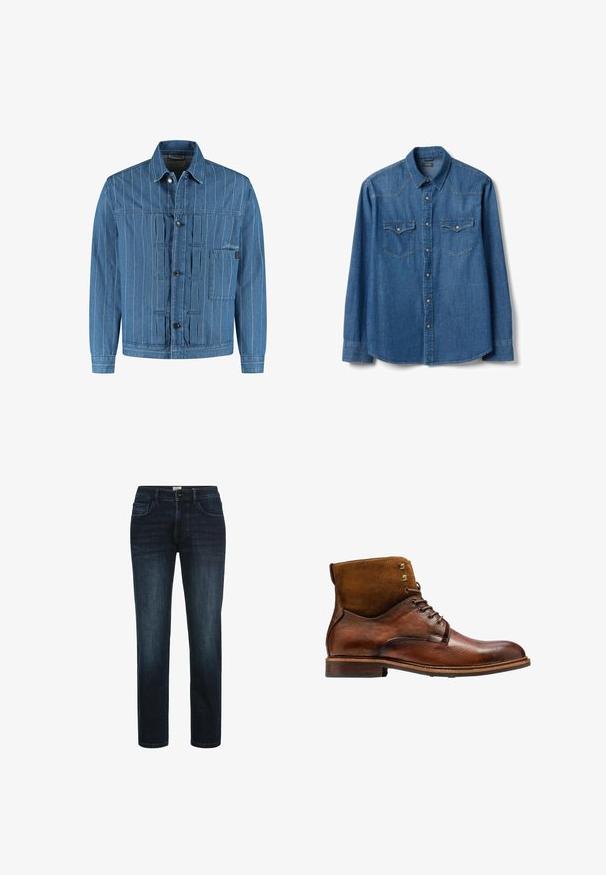 Blaue Jeansjacke mit vertikalen weißen Streifen, Knopfverschluss, Kragen, langen Ärmeln und einer Brusttasche auf der linken Seite mit Stickdetail.; Herren-Jeanshemd in Blau mit langen Ärmeln, zwei Brusttaschen mit Knöpfen, vorderen Druckknöpfen, Hemdkragen und geradem Saum.; Dunkelblaue Denim-Jeans mit geradem Bein, ausgestattet mit fünf Taschen, einem Knopfverschluss und dezentem Verblassen an den Oberschenkeln.; Kazar ALID - Schnürstiefelette - brown