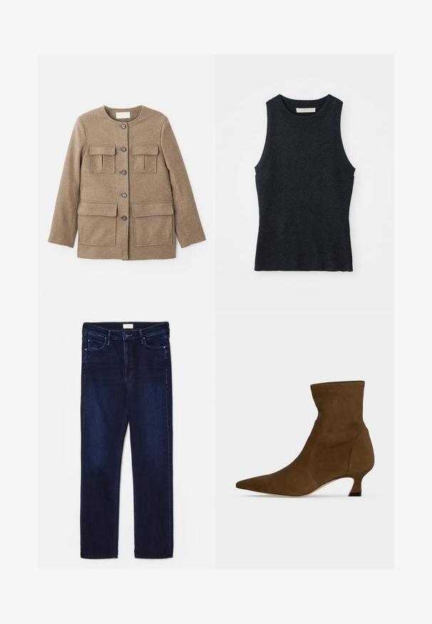 Vanessa Bruno ENGEL - Abrigo clásico - marron chine; Top sin mangas de punto en gris oscuro con cuello redondo, colocado sobre un fondo blanco.; Jeans de mezclilla azul oscuro con un corte ajustado, diseño de cinco bolsillos, detalles de costura y corte recto. Cuenta con un cierre de botón y cremallera.; Bota marrón hasta el tobillo con puntera puntiaguda y tacón bajo tipo salón, hecha de material liso, mostrada sobre un fondo liso.
